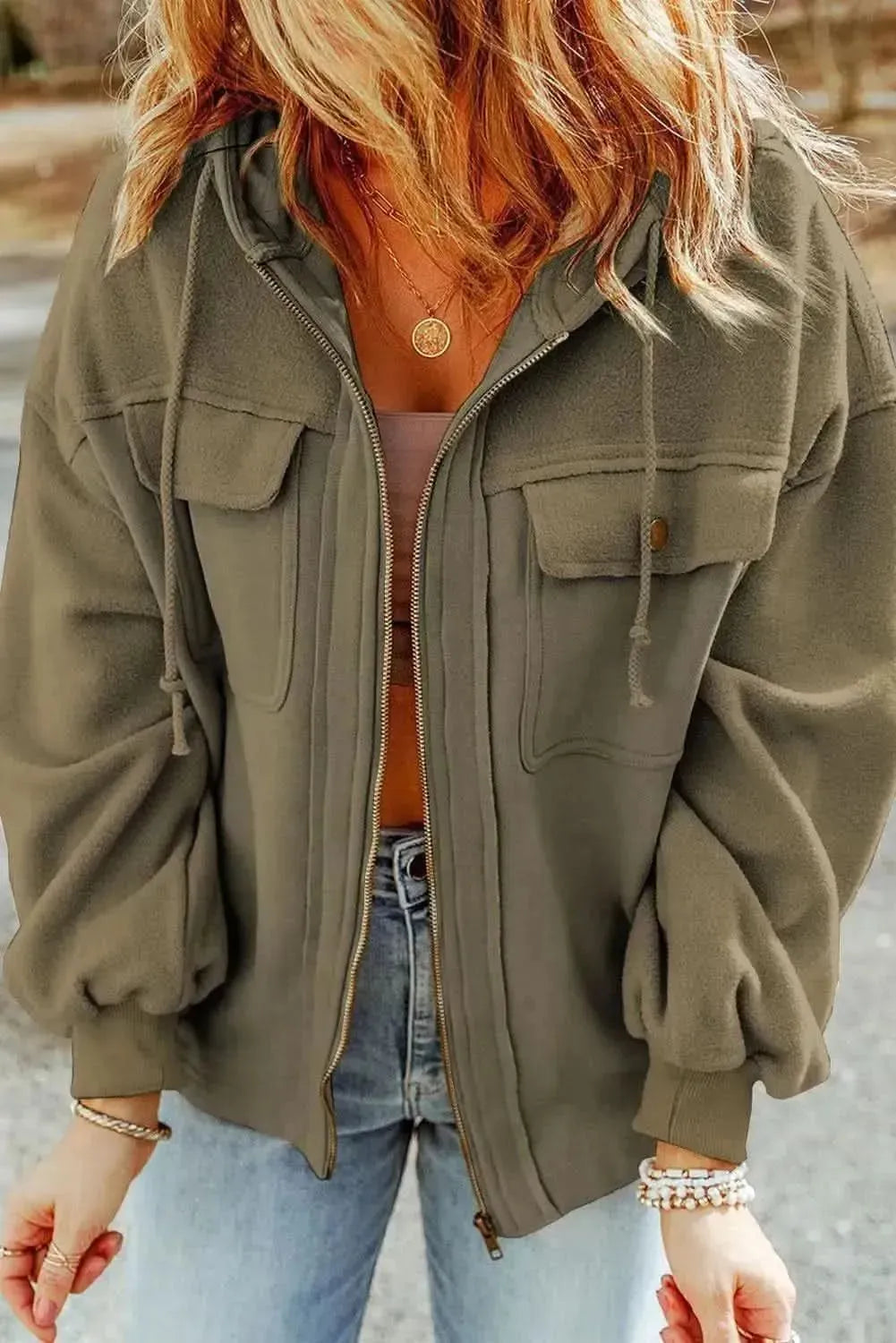Zip-Up Drawstring Hooded Jacket - Bad Moms Club