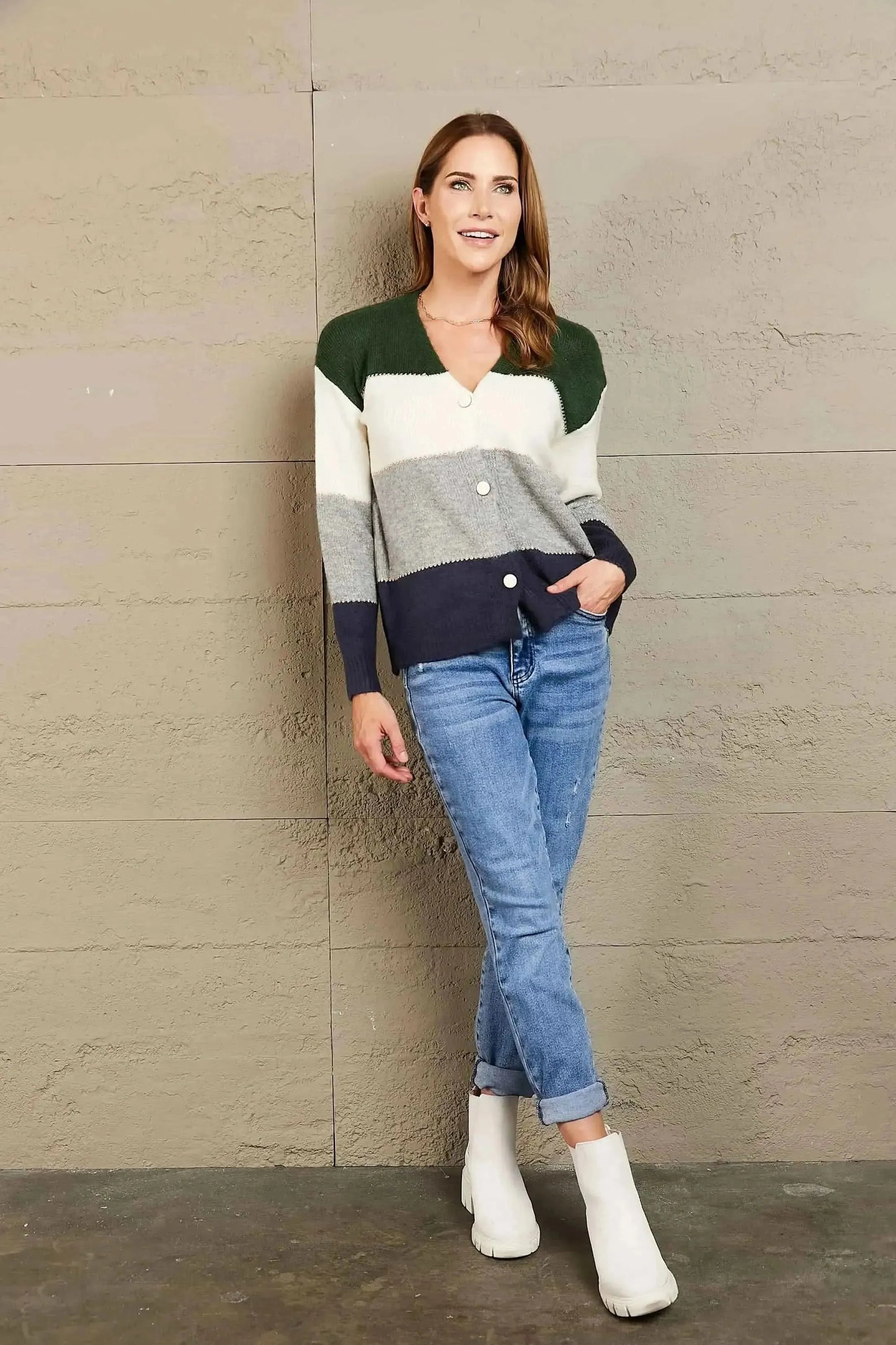 Woven Right Color Block V-Neck Button Down Cardigan - Bad Moms Club