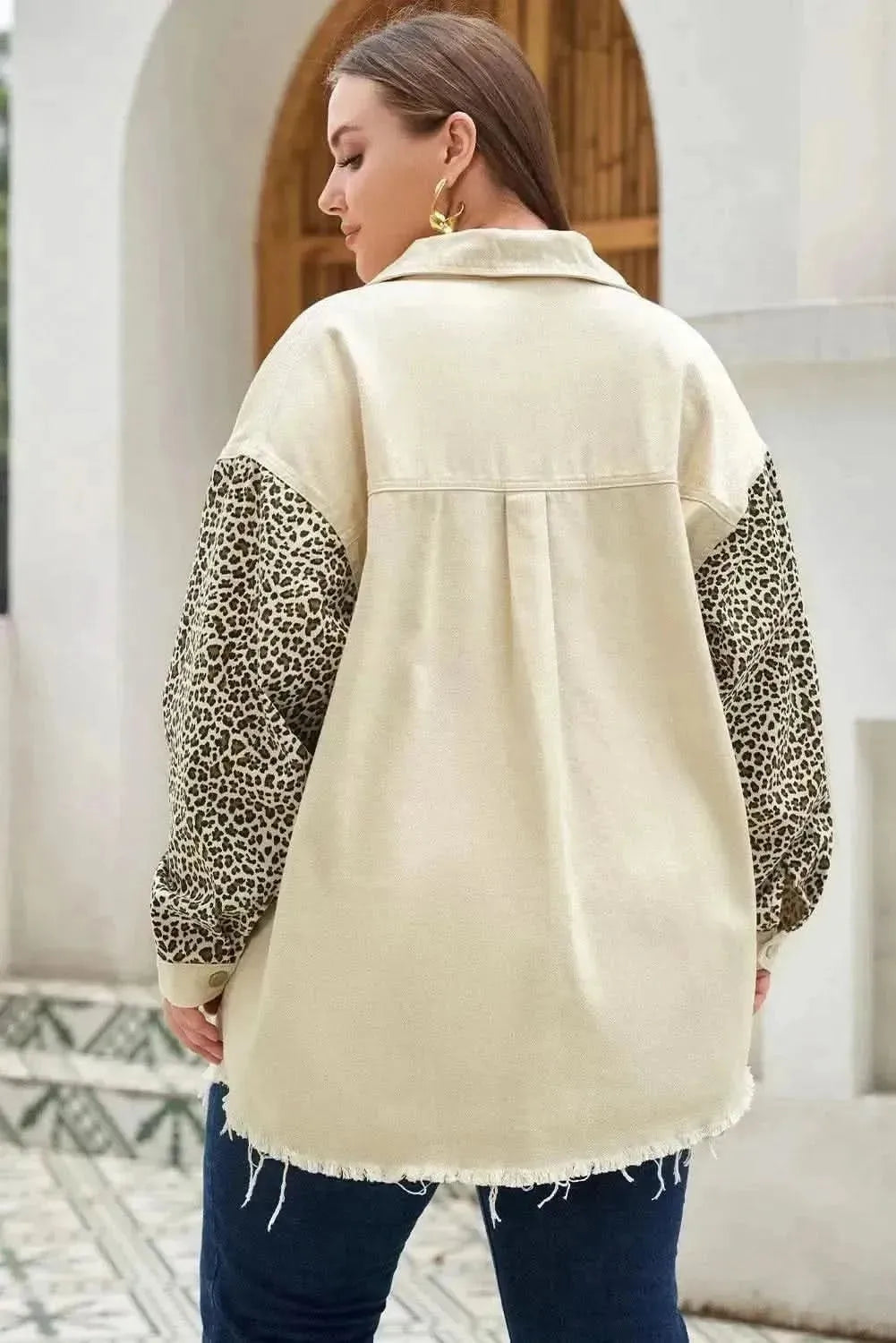 Plus Size Leopard Button Up Raw Hem Denim Jacket - Bad Moms Club