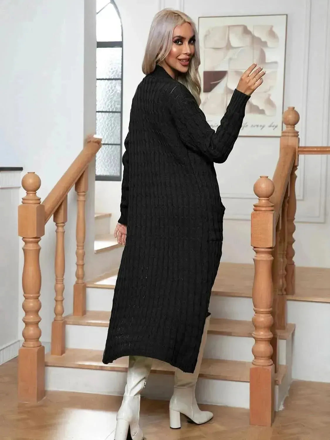 Cable-Knit Open Front Cardigan with Pockets - Bad Moms Club