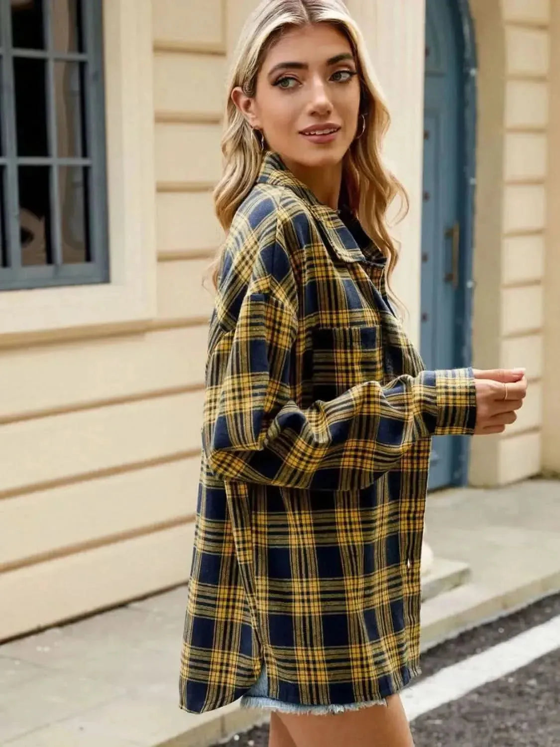 Plaid Collared Neck Long Sleeve Shirt - Bad Moms Club