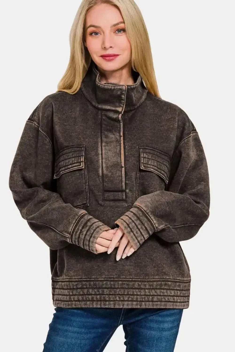 Zenana Acid Washed Half Snap Fleece Sweatshirt - Bad Moms Club
