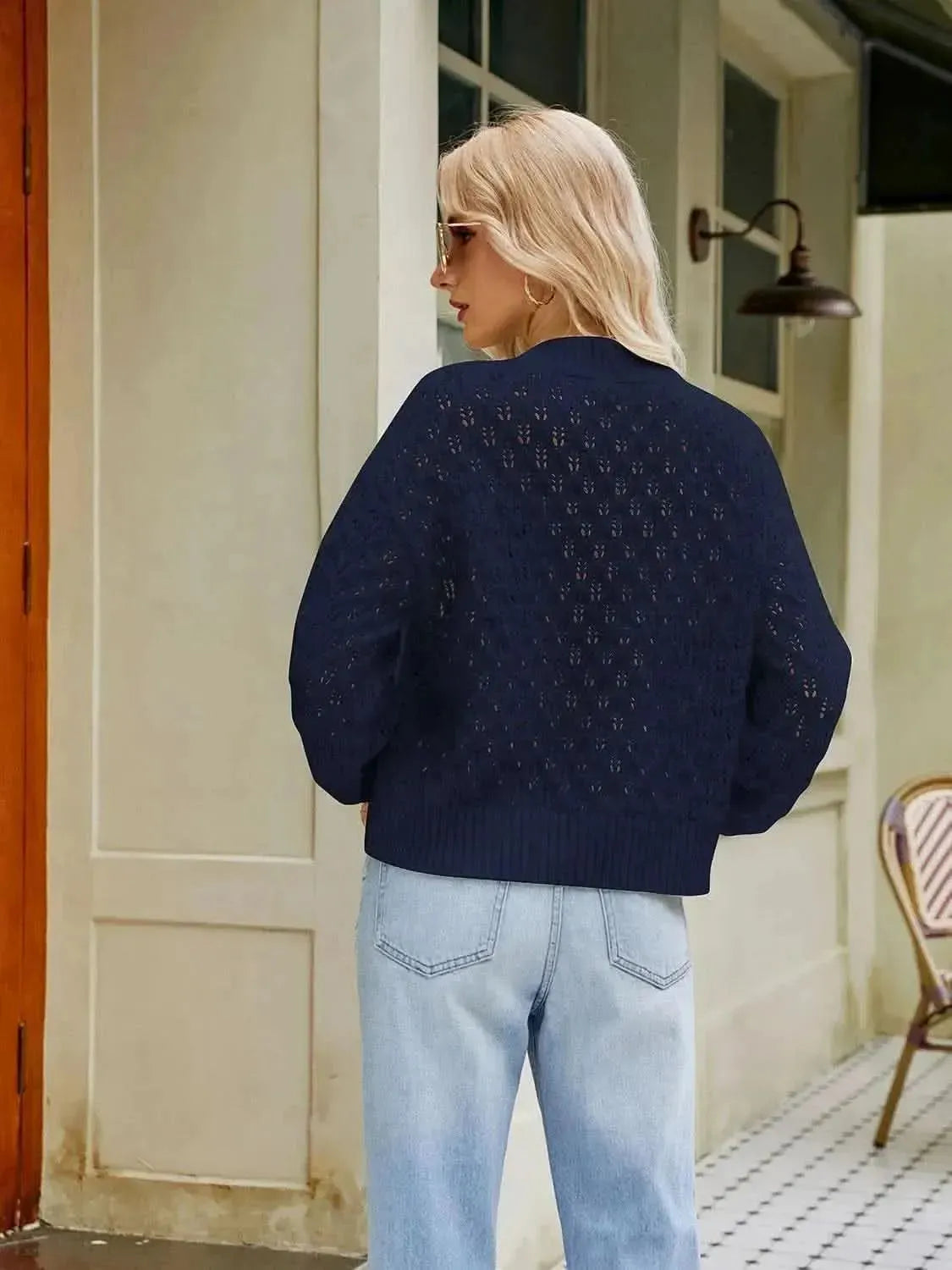 Openwork Round Neck Sweater - Bad Moms Club