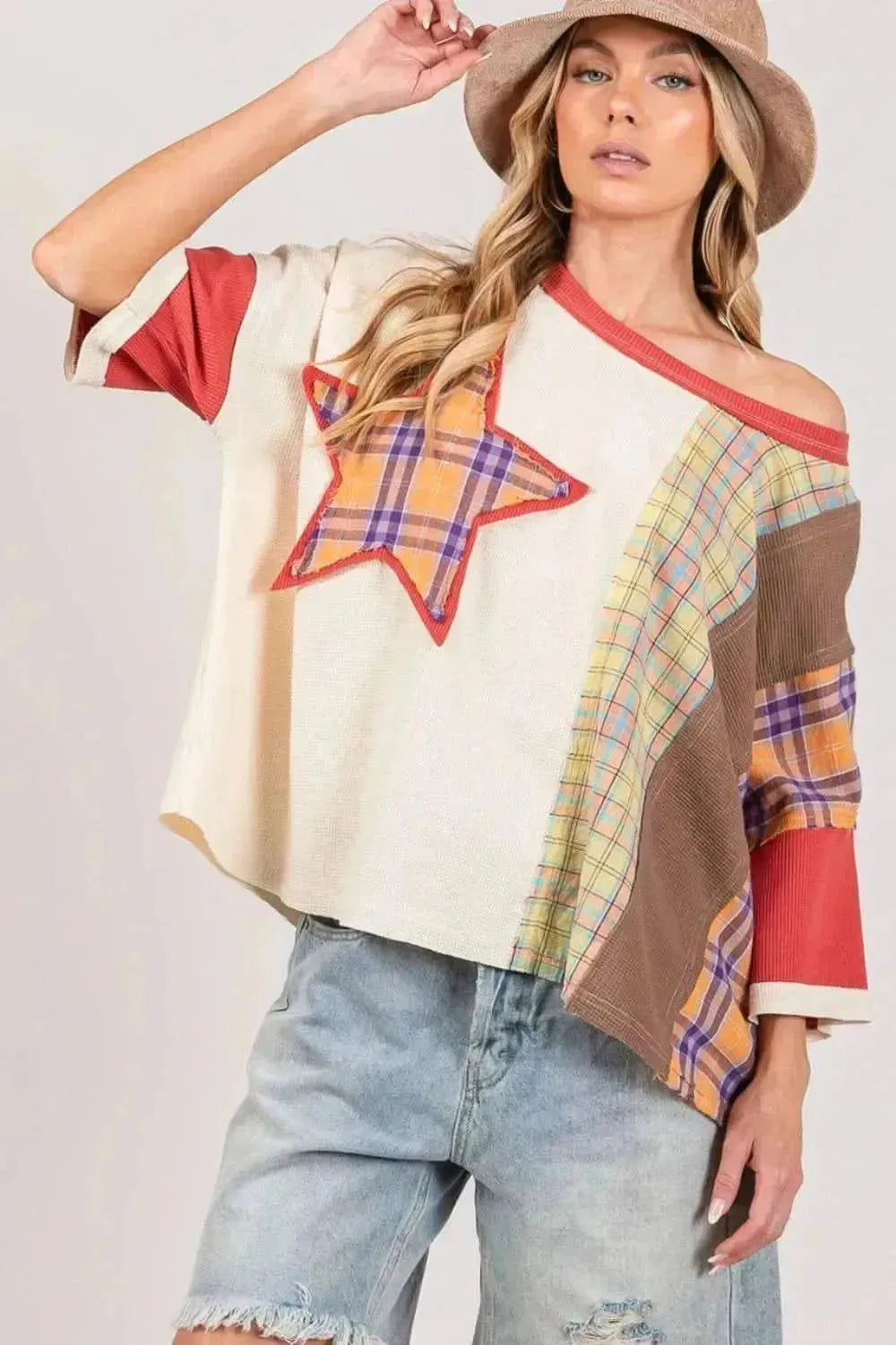 SAGE + FIG Round Neck Plaid Star Patch T-Shirt - Bad Moms Club