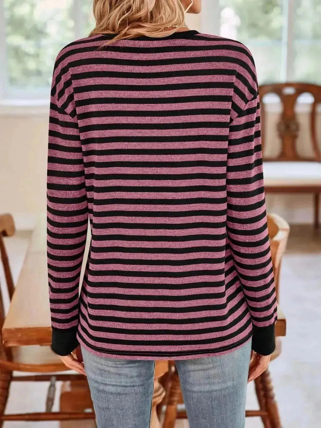 Striped Round Neck Long Sleeve T-Shirt - Bad Moms Club