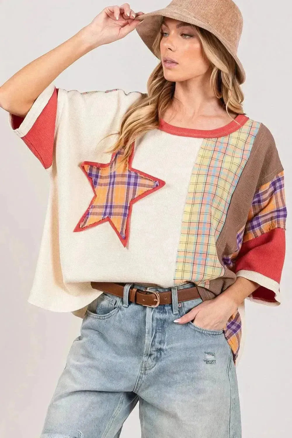 SAGE + FIG Round Neck Plaid Star Patch T-Shirt - Bad Moms Club