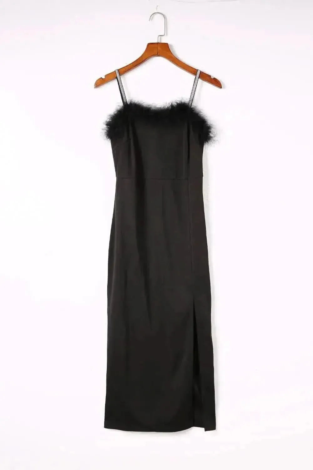 Slit Plush Trim Spaghetti Strap Dress - Bad Moms Club