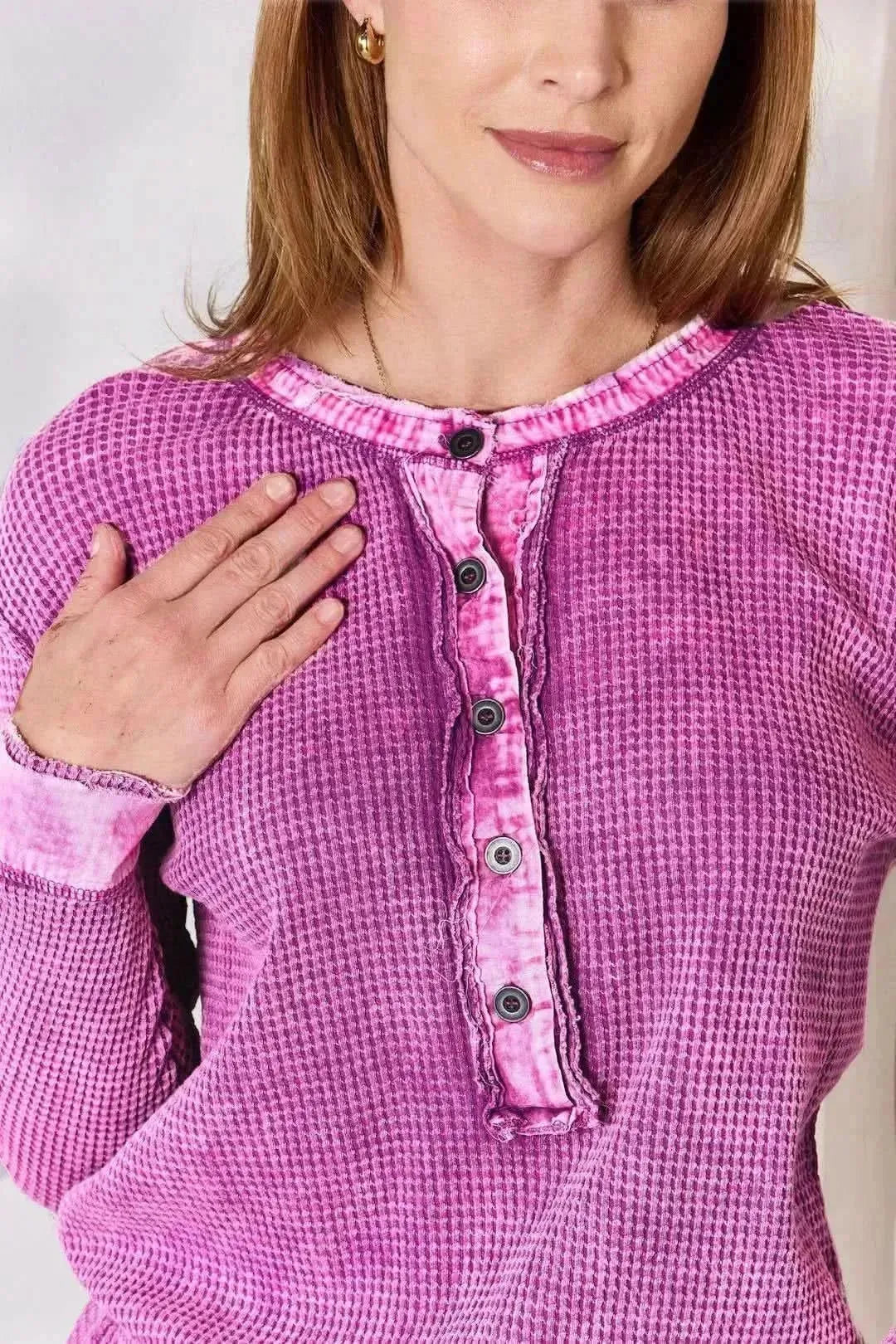 Zenana Washed Half Button Exposed Seam Waffle Top - Bad Moms Club