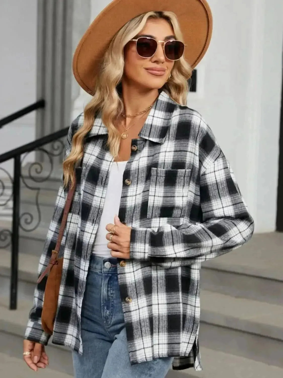 Plaid Collared Neck Long Sleeve Shirt - Bad Moms Club
