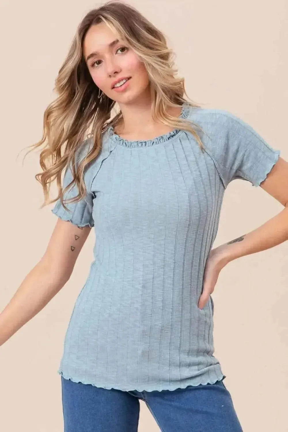 BiBi Ruffle Round Neck Merrow Edge Rib Top - Bad Moms Club