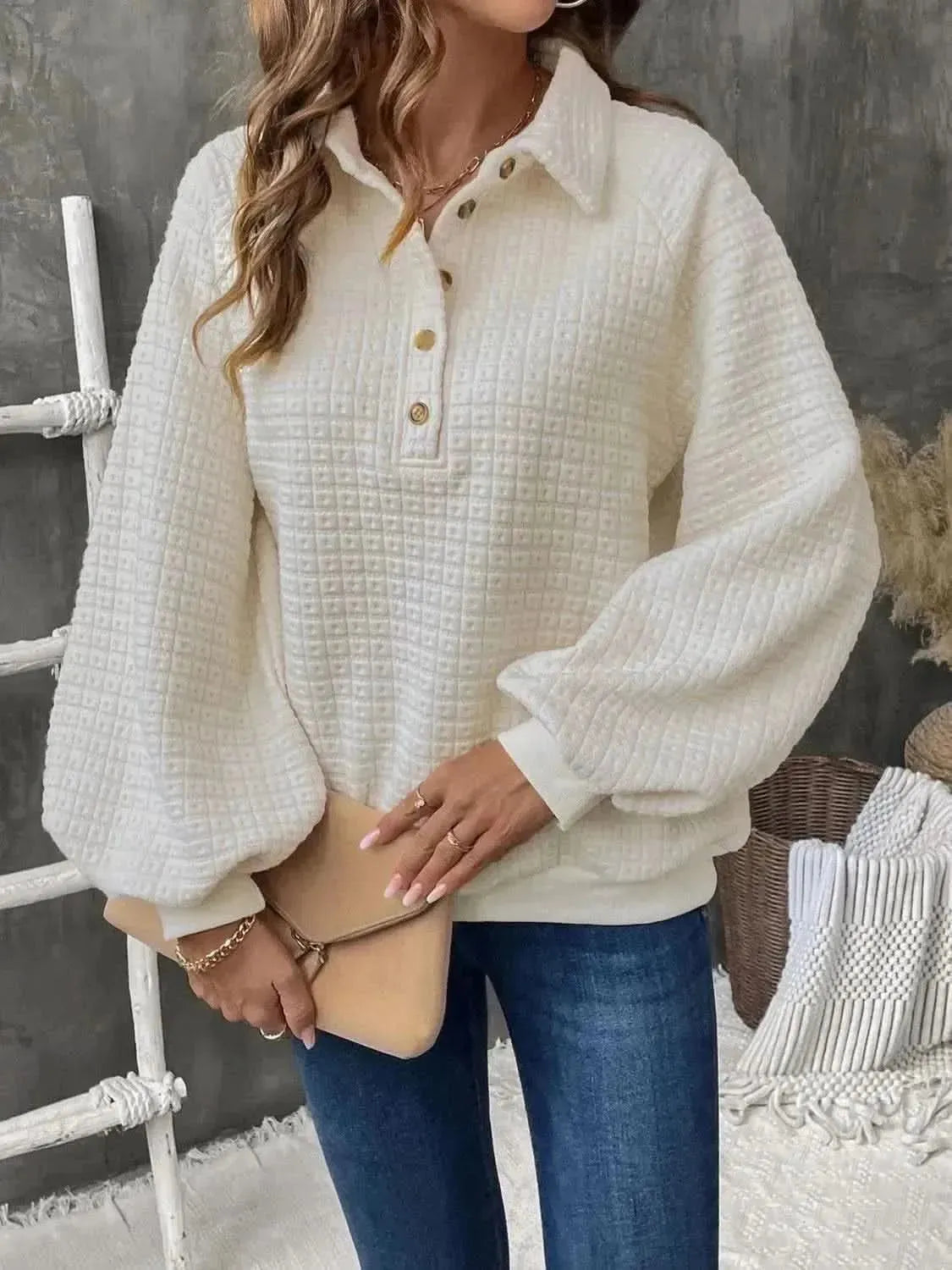 Perfee Half Button Long Sleeve Sweatshirt - Bad Moms Club