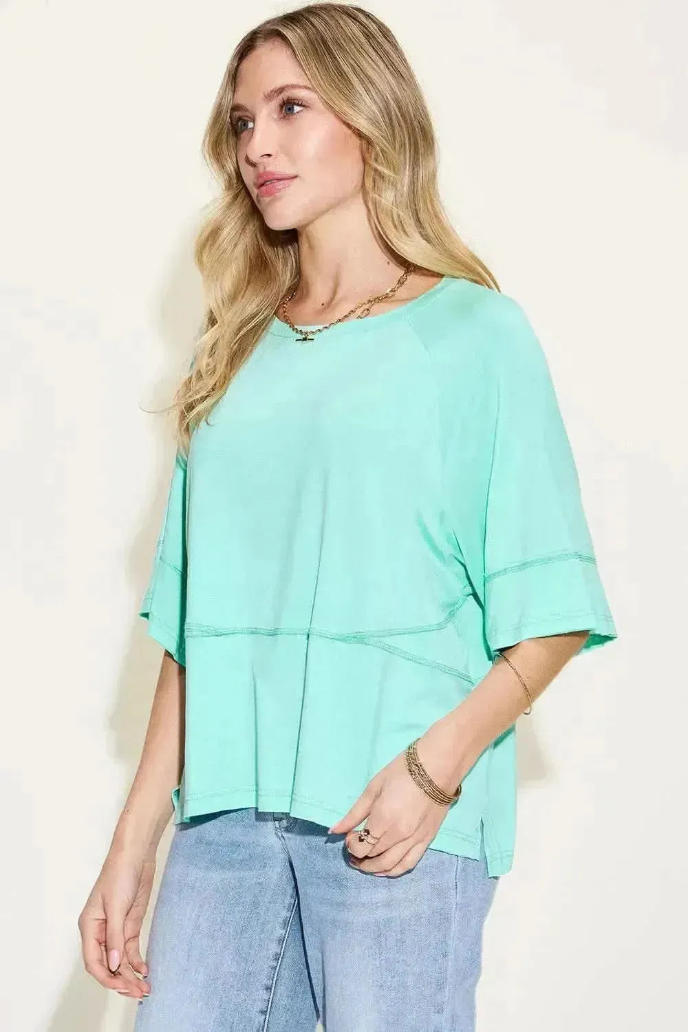 Basic Bae Full Size Bamboo Round Neck Exposed Seam T-Shirt - Bad Moms Club