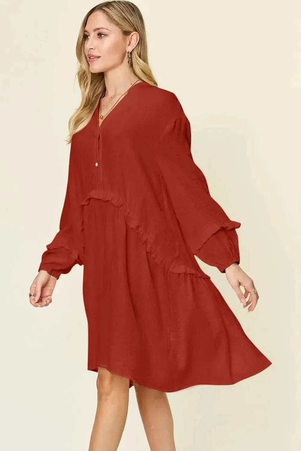 Double Take Full Size Texture Half Button Ruffle Trim Dress - Bad Moms Club