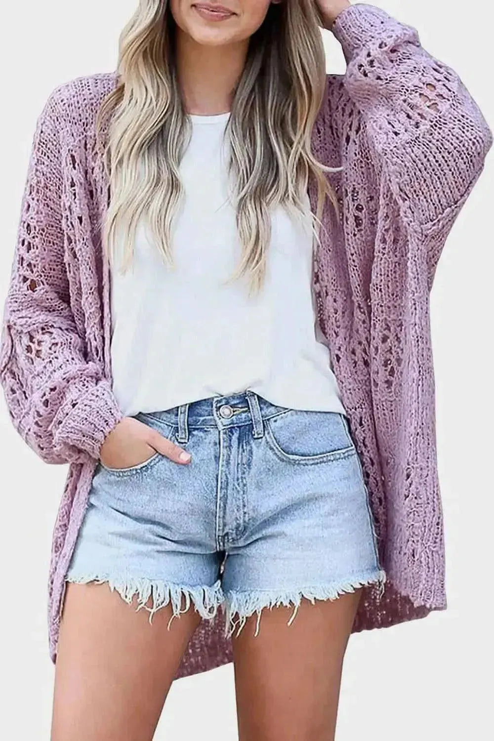 Openwork Open Front Long Sleeve Cardigan - Bad Moms Club