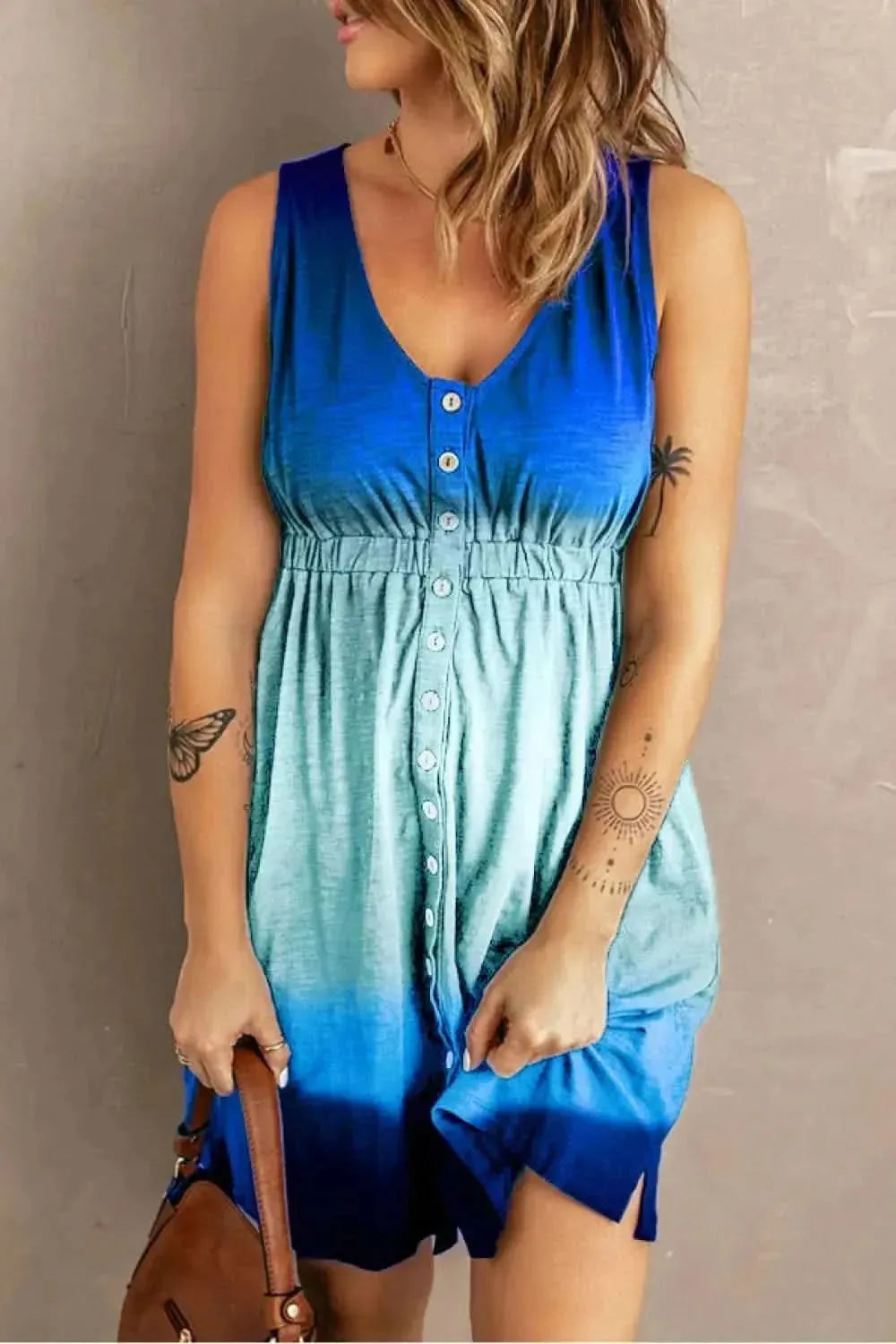 Double Take Scoop Neck Buttoned Sleeveless Magic Dress with Pockets - Bad Moms Club