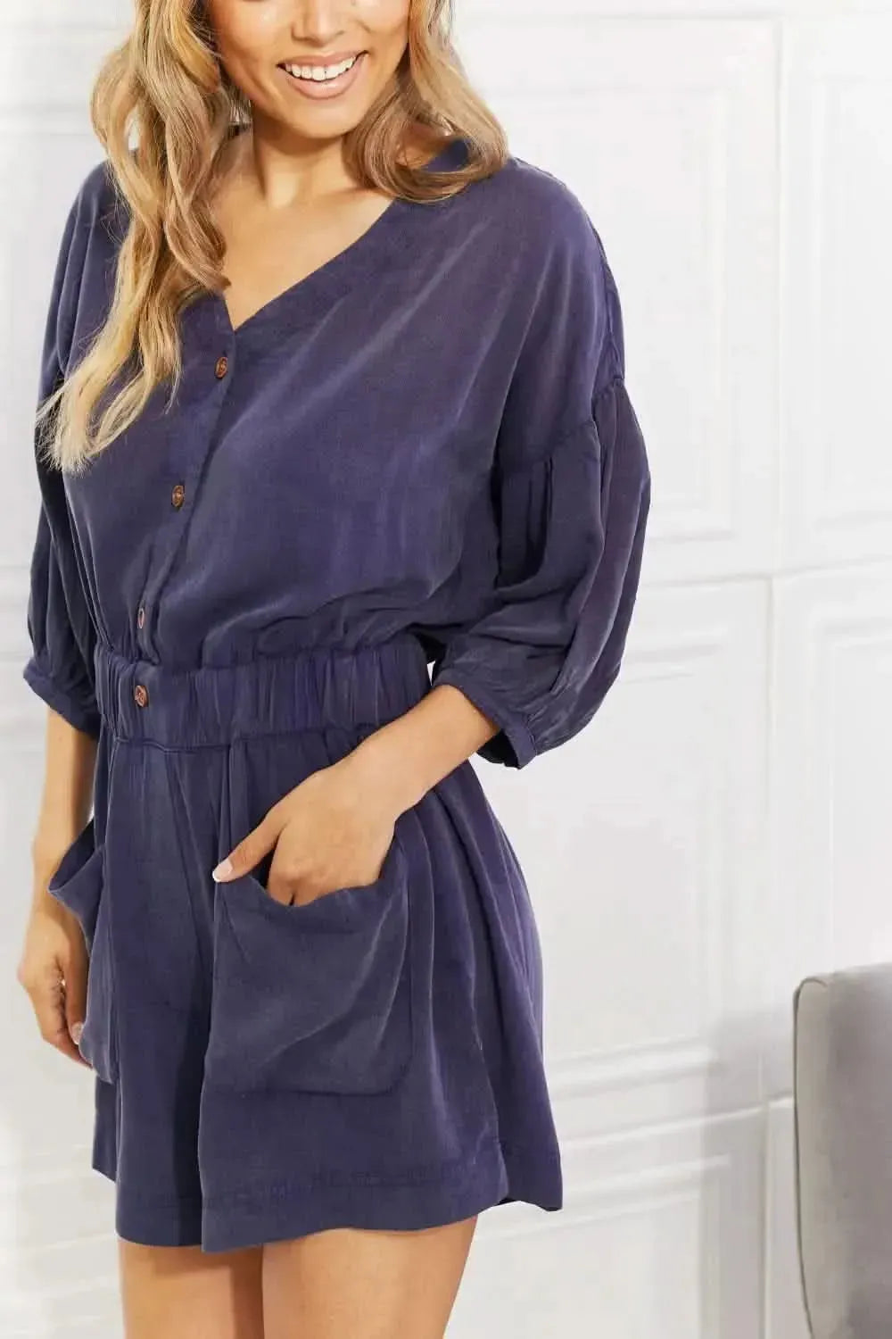 White Birch Full SIze Play It Cool Three-Quarter Sleeve Romper in Blueberry - Bad Moms Club