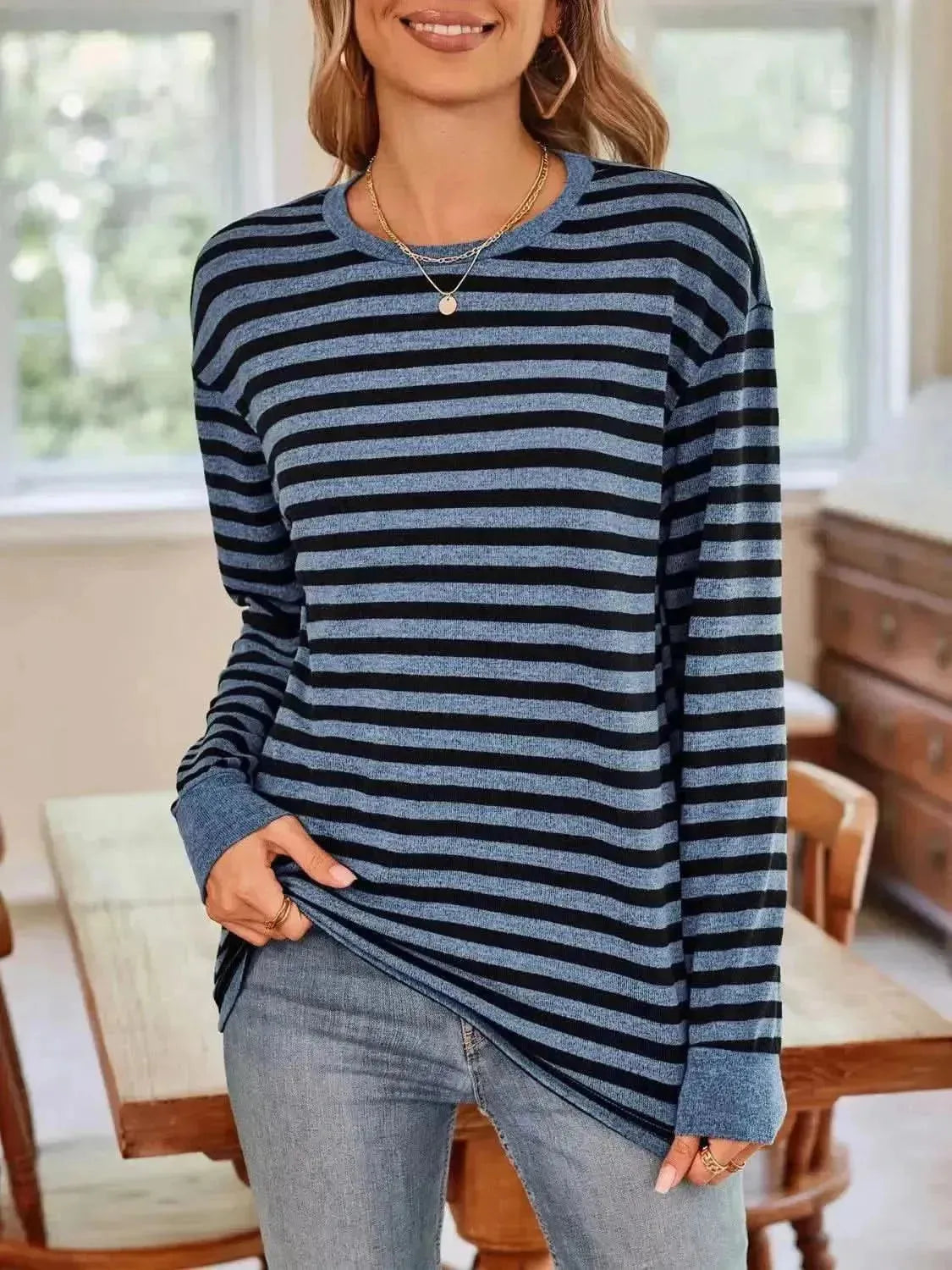 Striped Round Neck Long Sleeve T-Shirt - Bad Moms Club