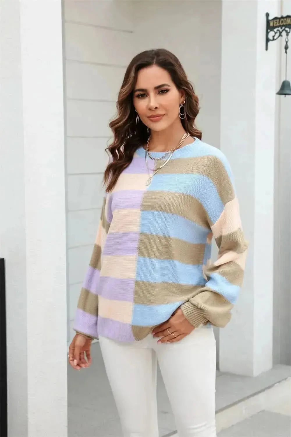 Angel Wings Round Neck Long Sleeve Color Block Dropped Shoulder Pullover Sweater - Bad Moms Club