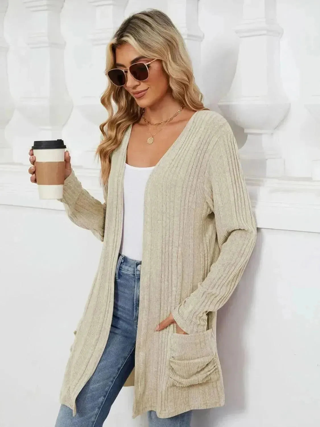Pocketed Open Front Long Sleeve Cardigan - Bad Moms Club