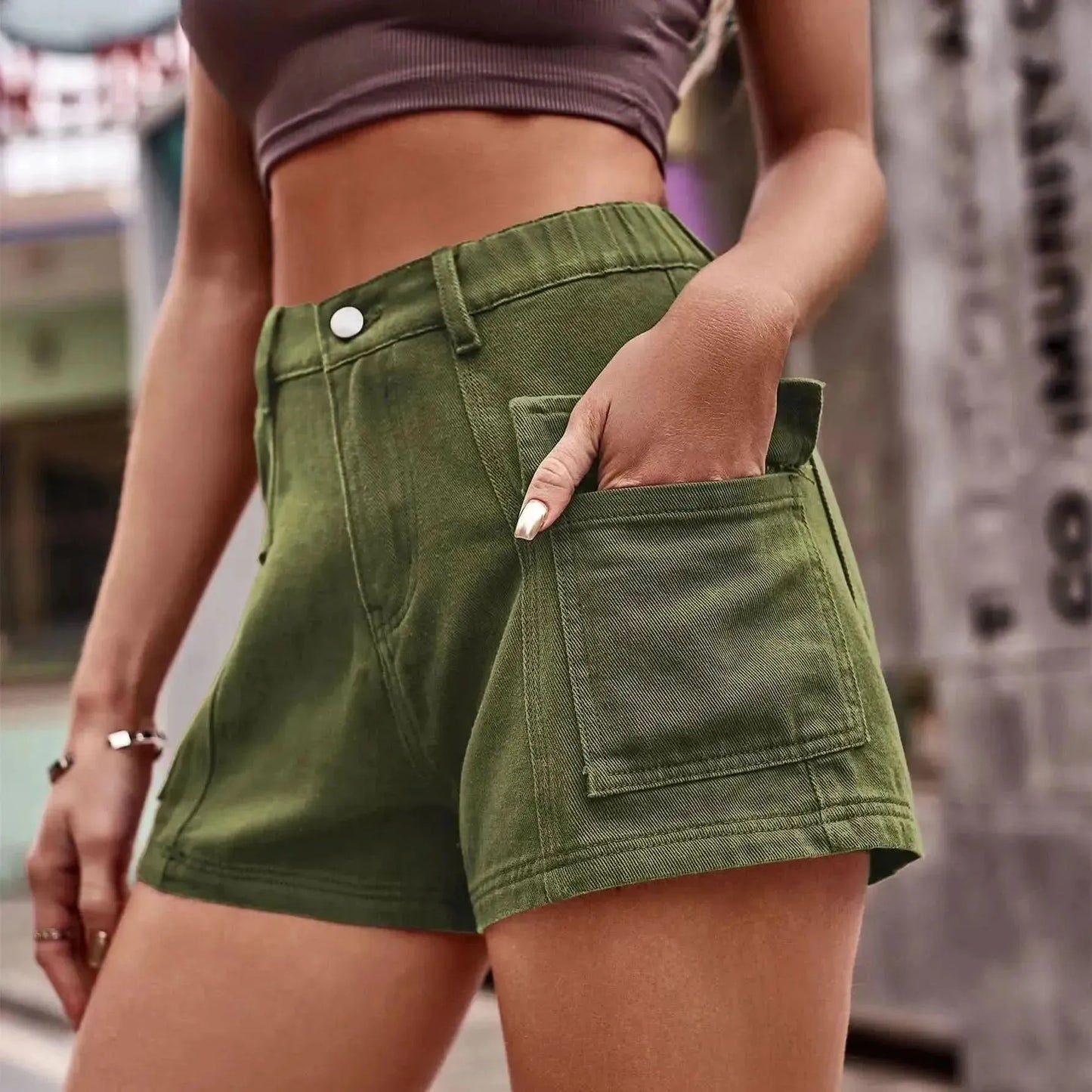 High-Waist Denim Shorts with Pockets - Bad Moms Club
