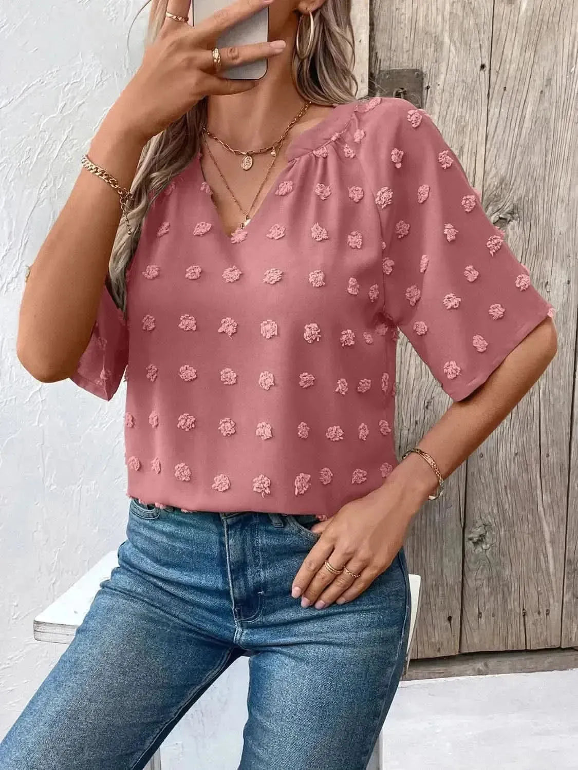 Ivy Lane Swiss Dot Notched Half Sleeve Blouse - Bad Moms Club