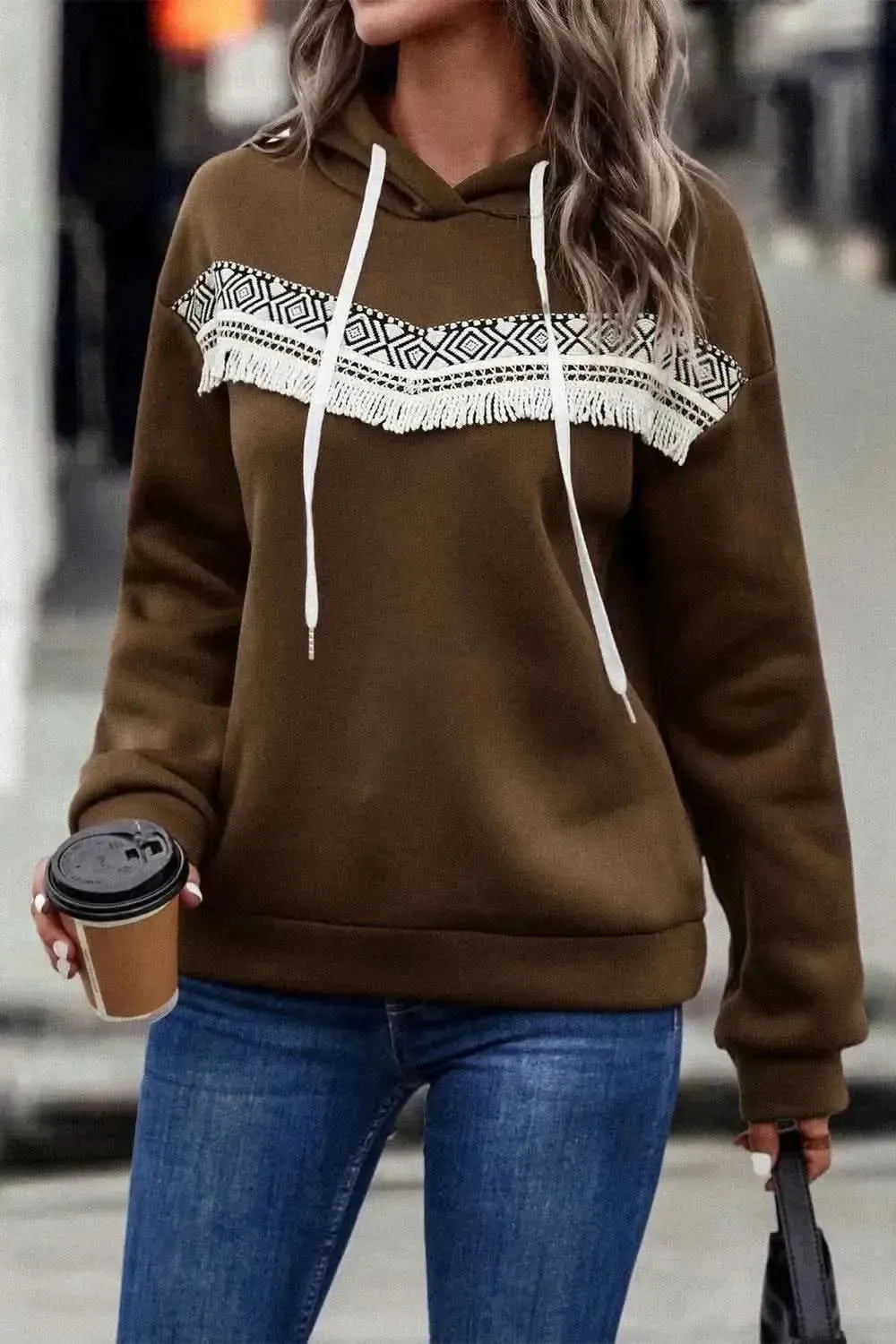 Contrast Fringe Detail Dropped Shoulder Hoodie - Bad Moms Club
