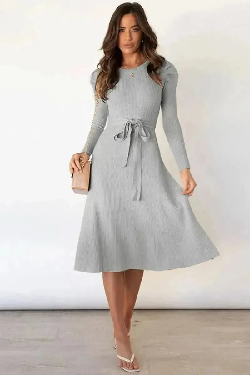 Round Neck Long Sleeve Tie Waist Sweater Dress - Bad Moms Club