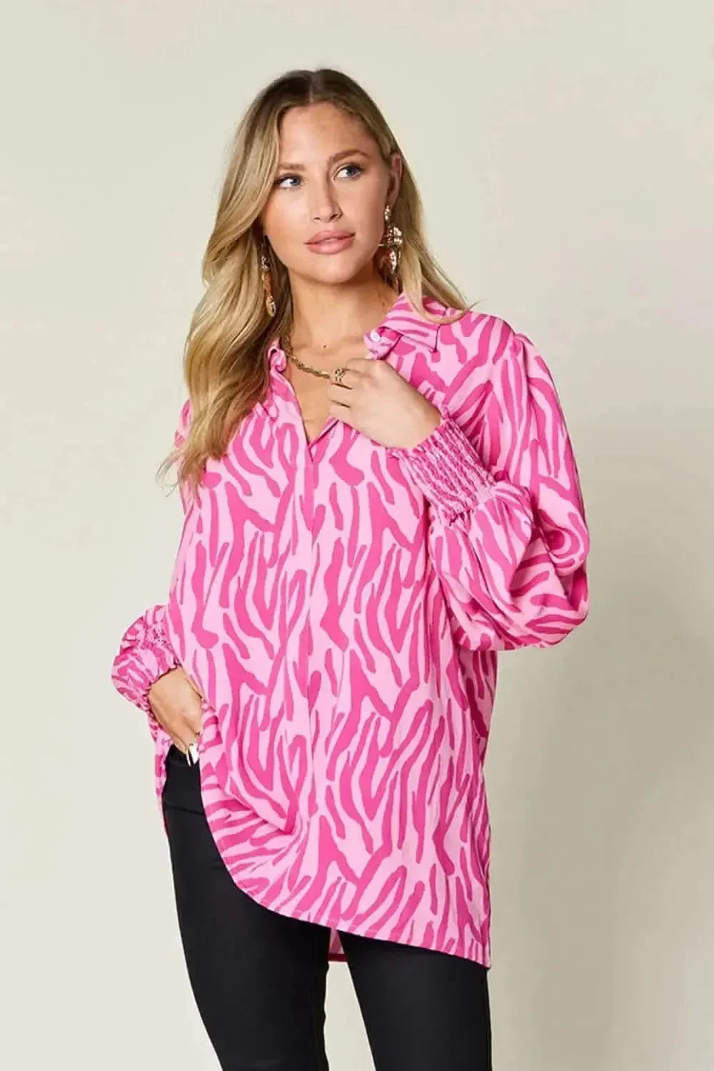 Double Take Full Size Printed Smocked Long Sleeve Blouse - Bad Moms Club