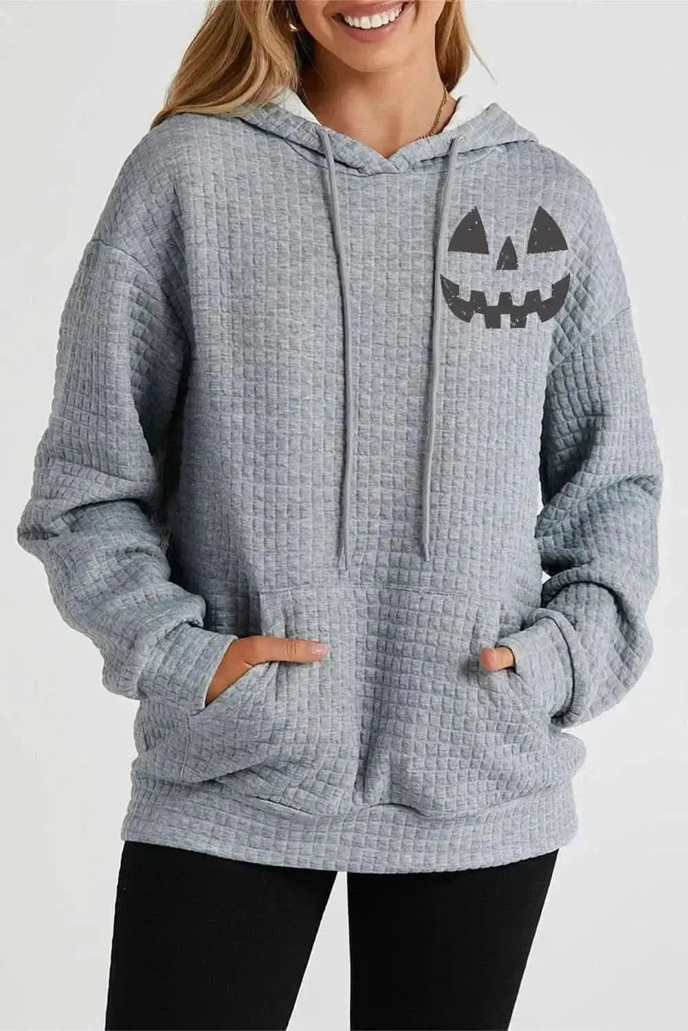 Pumpkin Face Graphic Drawstring Hoodie with Pocket - Bad Moms Club