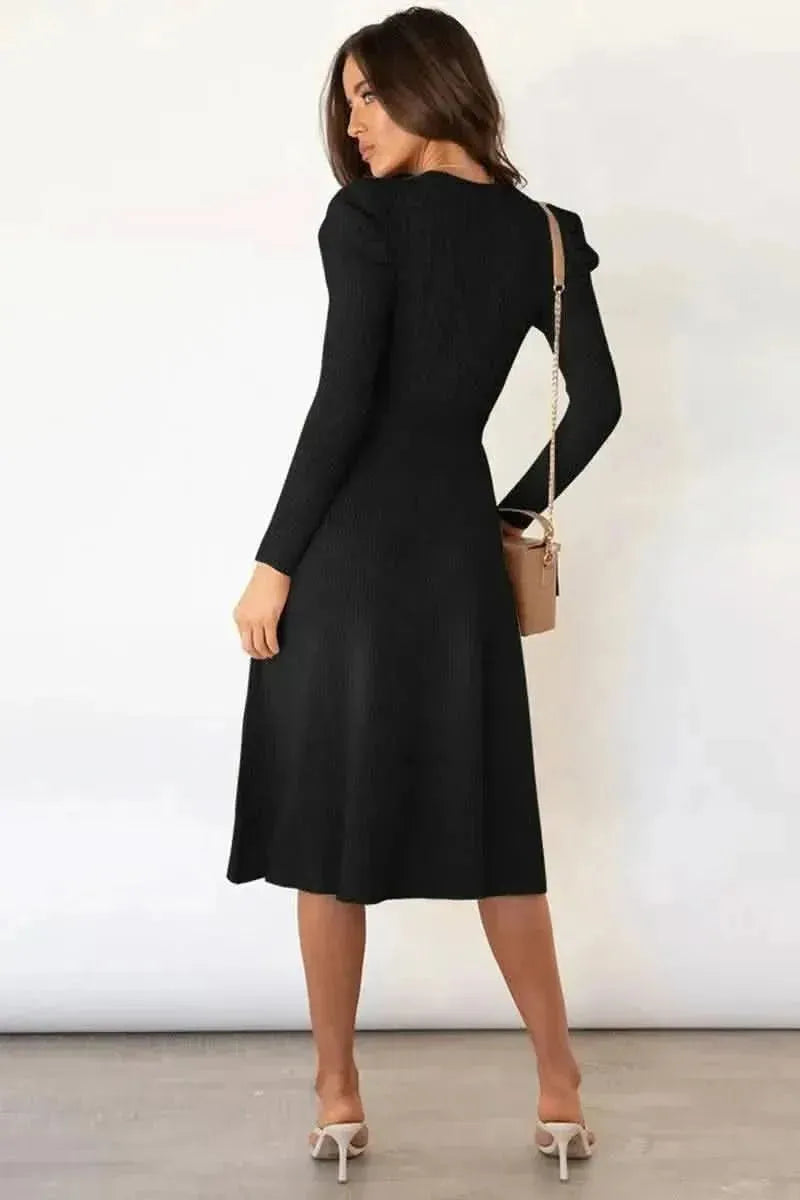 Round Neck Long Sleeve Tie Waist Sweater Dress - Bad Moms Club