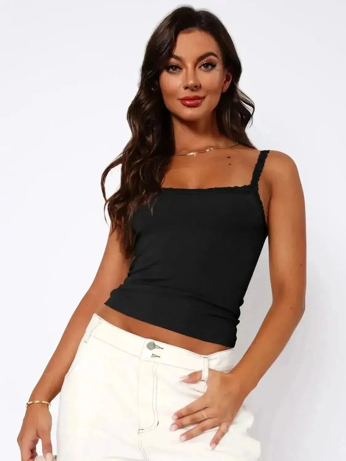 Lace Trim Straight Neck Cami - Bad Moms Club