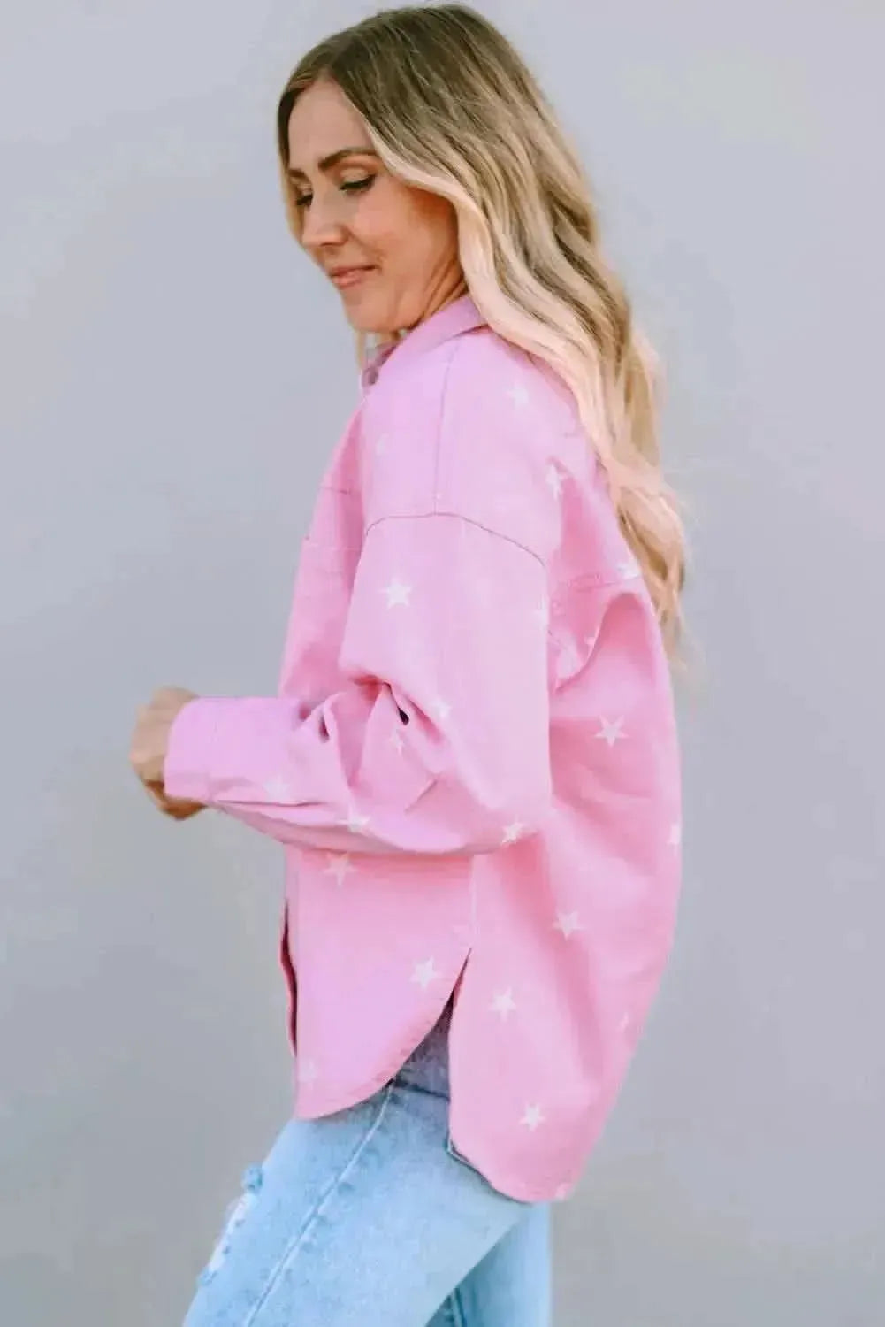 Star Pattern Button Up Slit Denim Jacket - Bad Moms Club