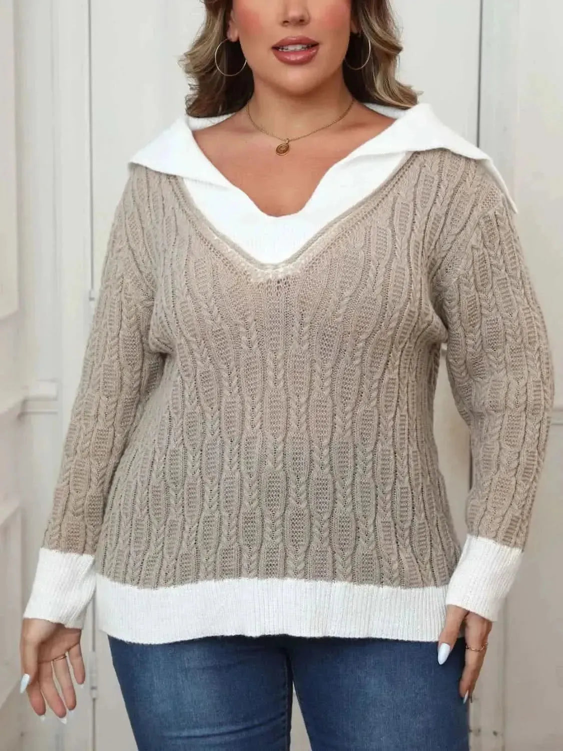 Plus Size Contrast Trim Collared Neck Sweater - Bad Moms Club