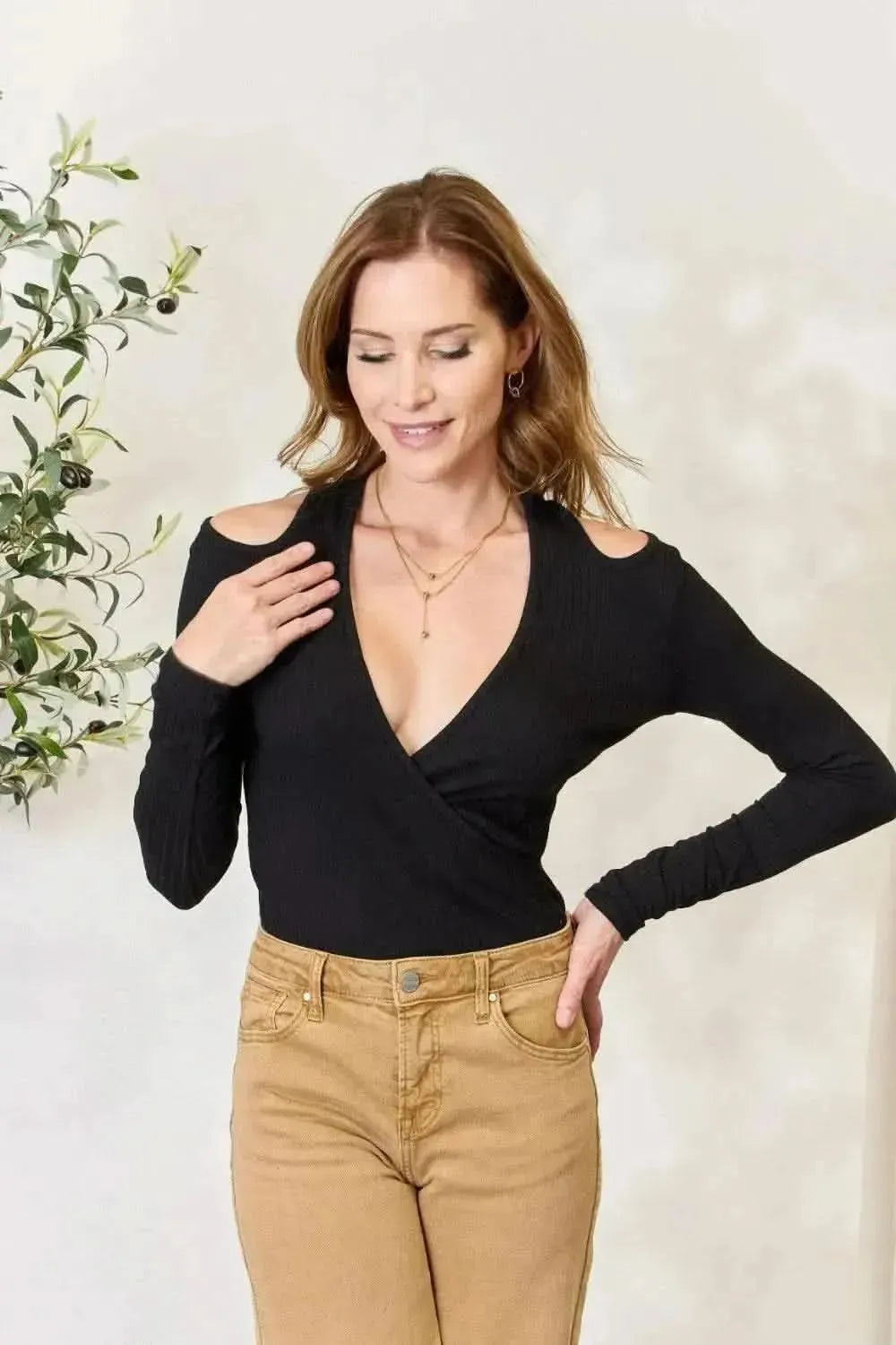Culture Code Full Size Ribbed Surplice Cold Shoulder Top - Bad Moms Club