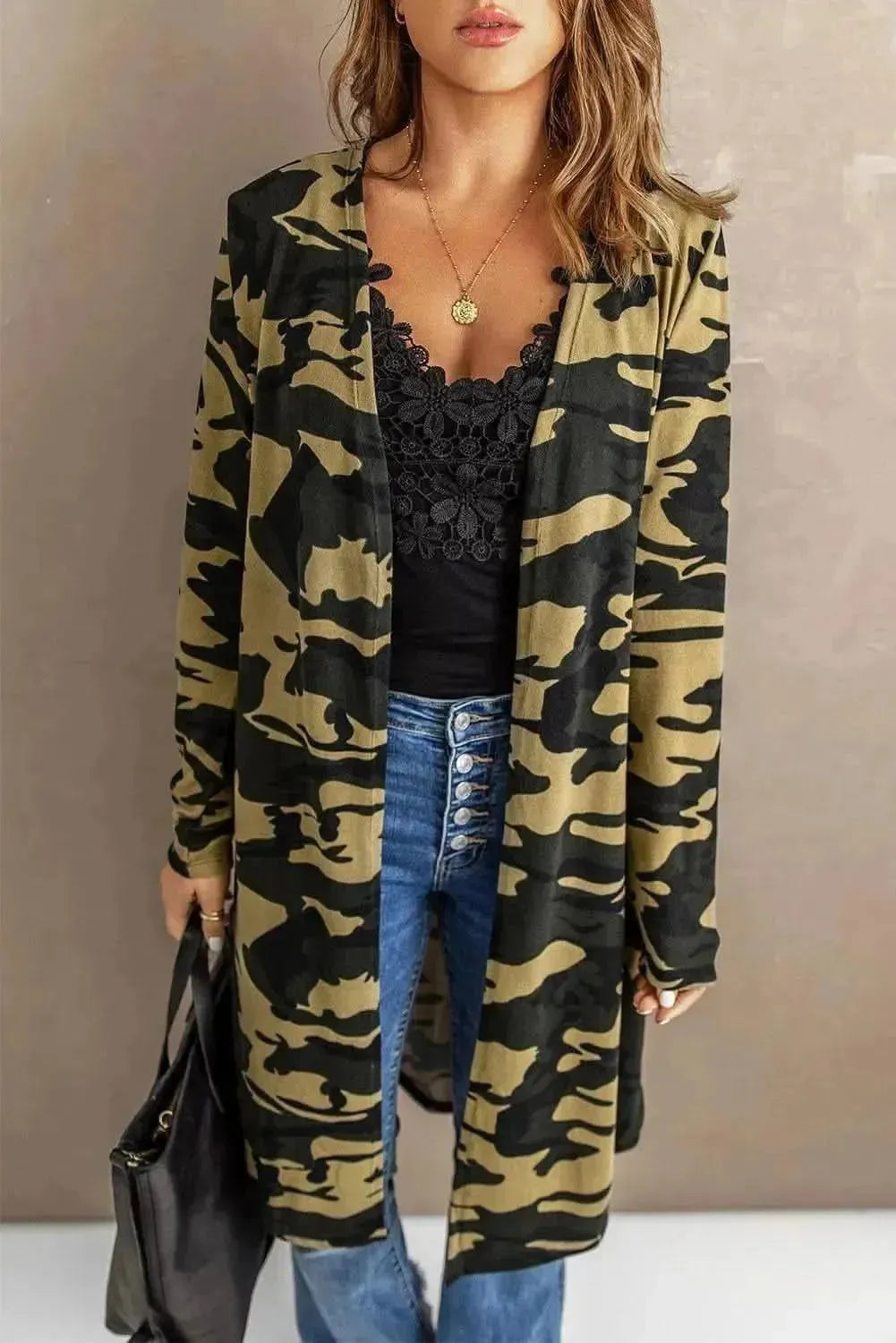 Double Take Printed Open Front Longline Cardigan - Bad Moms Club
