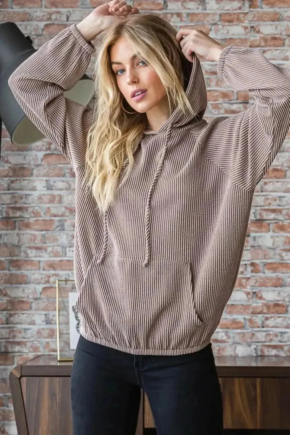 Heimish Full Size Ribbed Drawstring Kangaroo Pocket Hoodie - Bad Moms Club