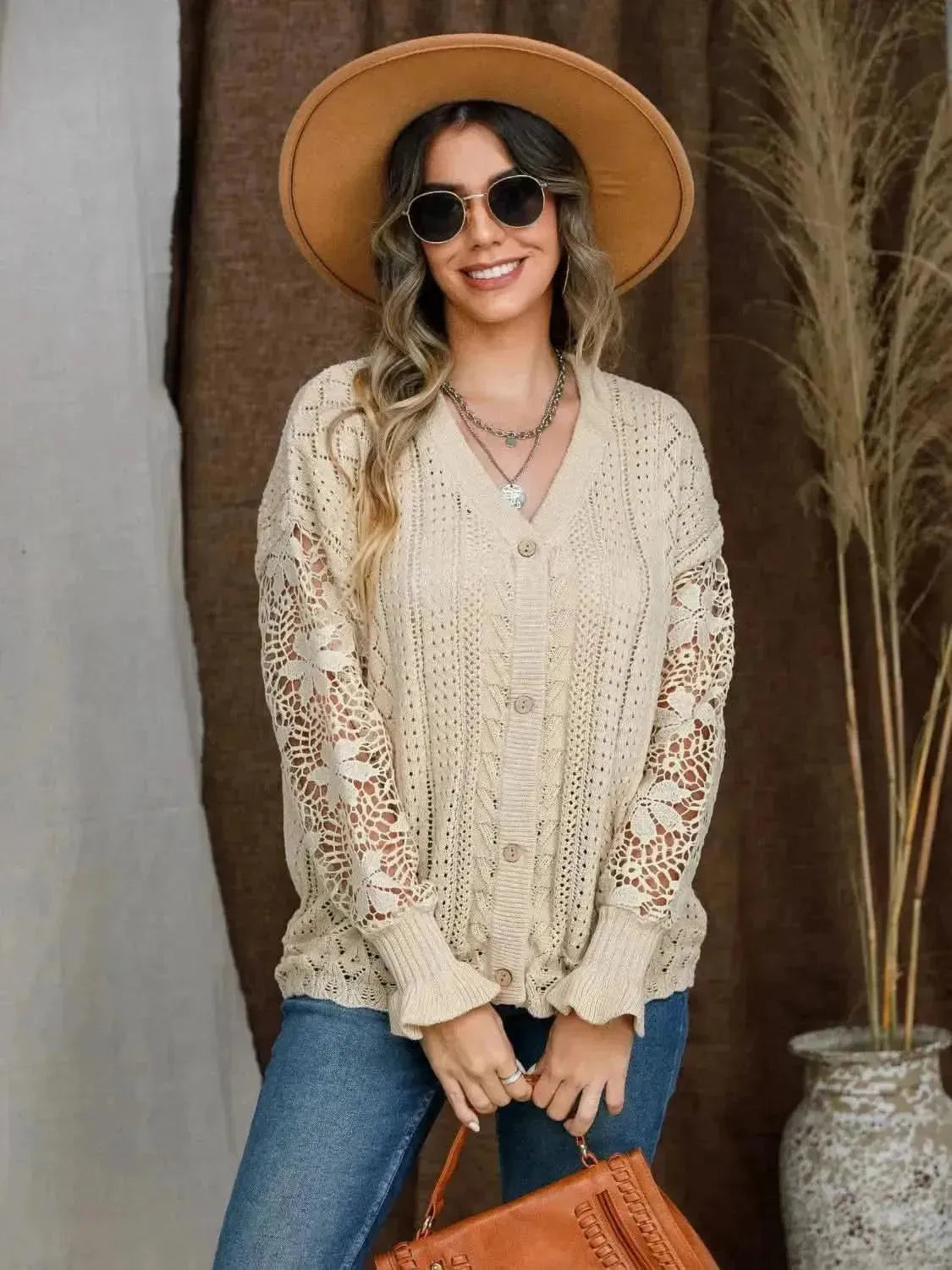 Eyelet Button Up Lantern Sleeve Cardigan - Bad Moms Club