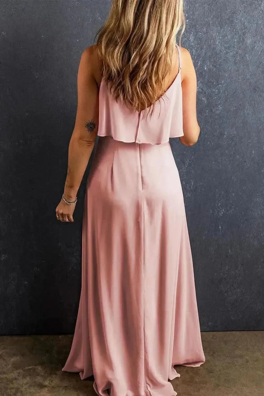 Slit Ruffled V-Neck Maxi Dress - Bad Moms Club