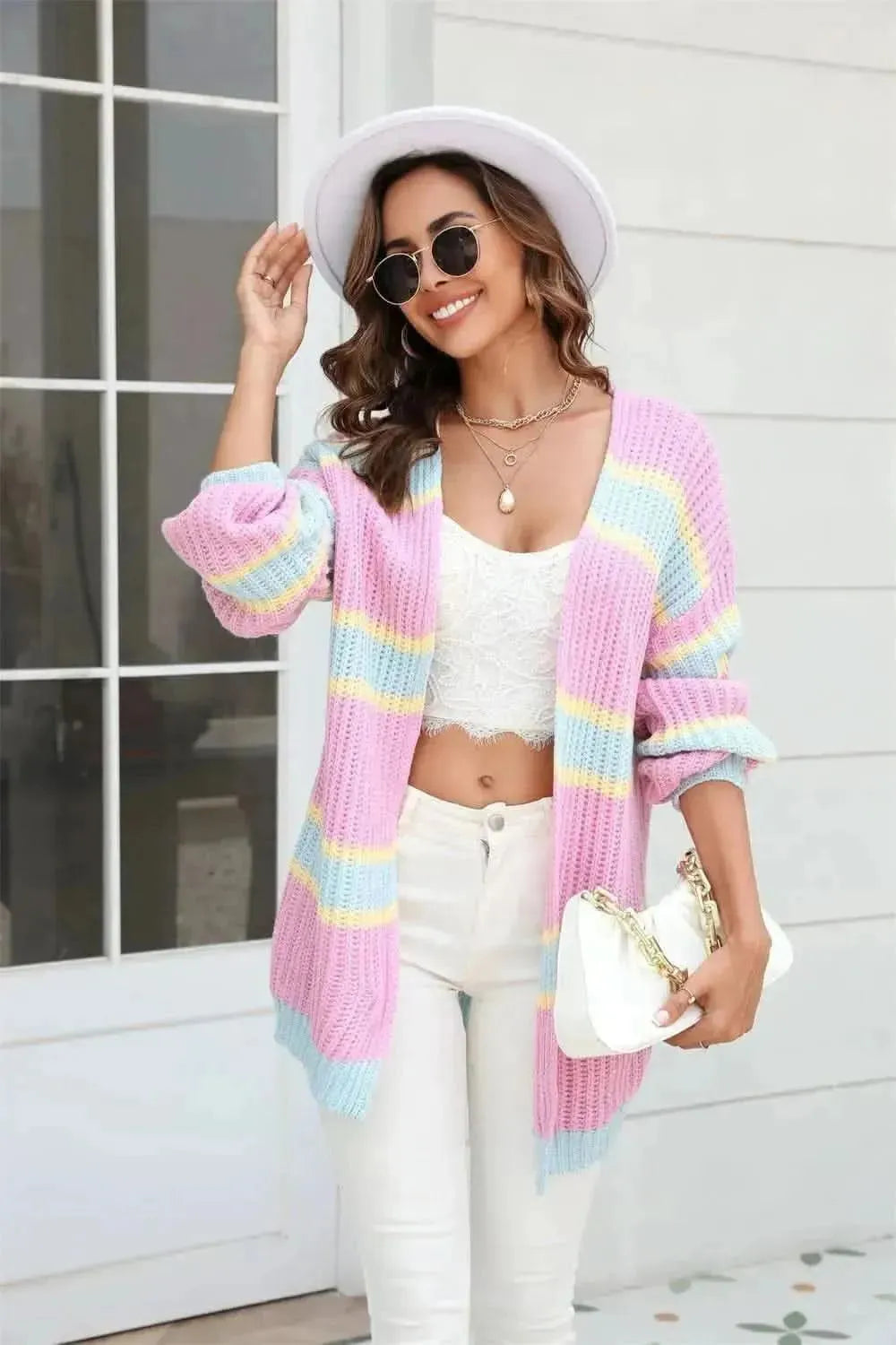 Color Block Ribbed Dropped Shoulder Open Front Cardigan - Bad Moms Club