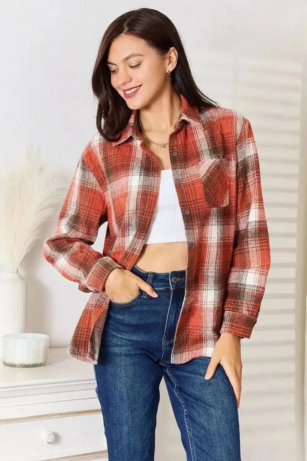 Plaid Collared Neck Long Sleeve Shirt - Bad Moms Club