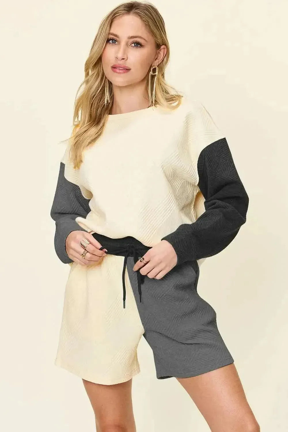 Double Take Full Size Contrast Drop Shoulder Top and Shorts Set - Bad Moms Club