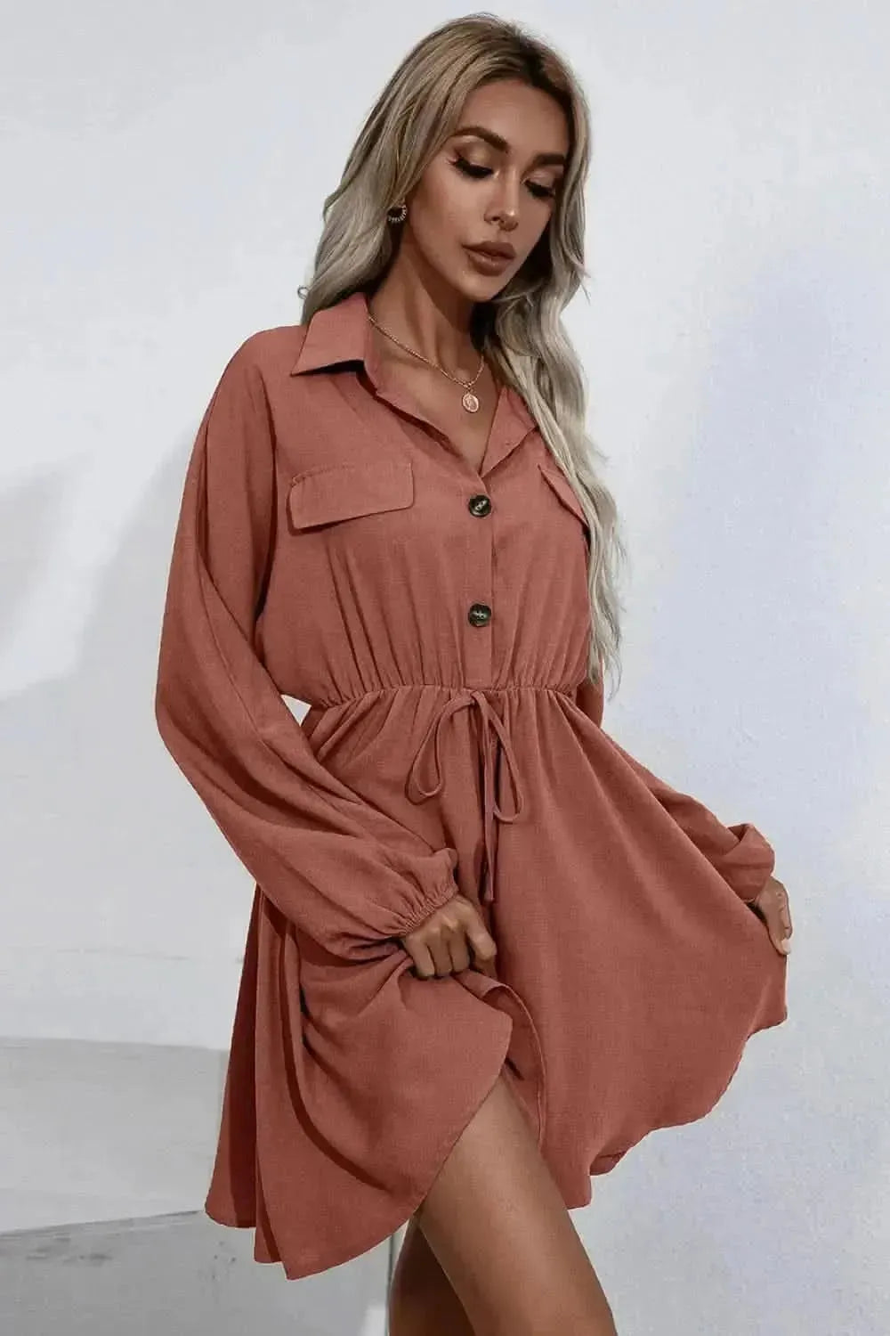 Ivy Lane Collared Tie Waist Button Up Shirt Dress - Bad Moms Club