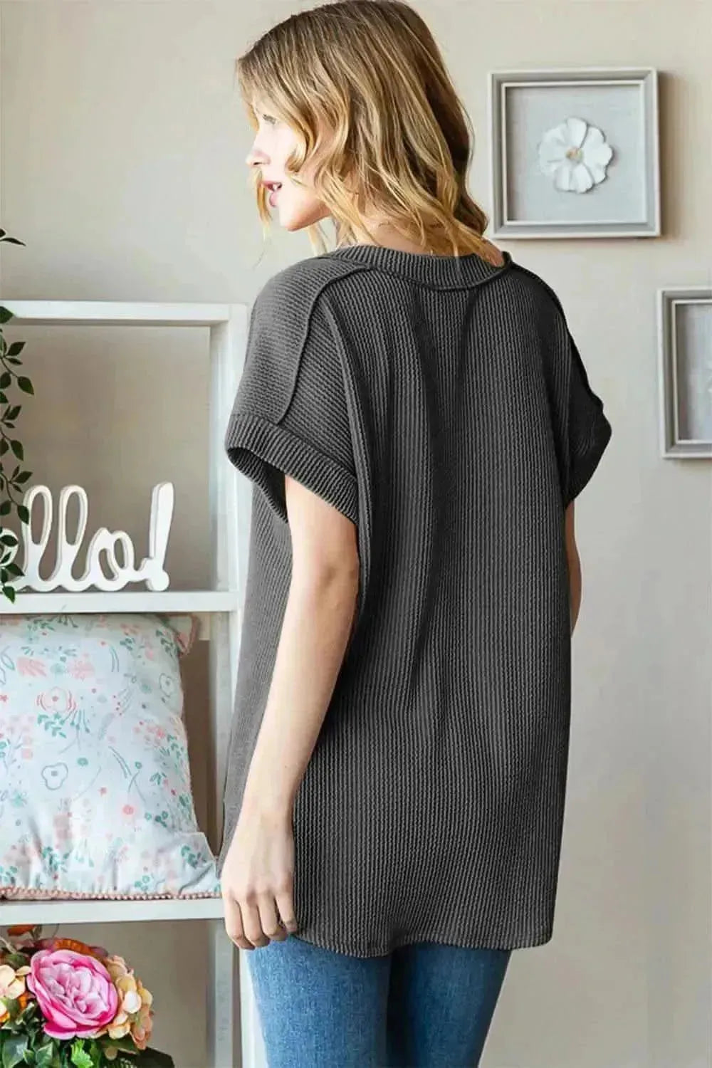 Heimish Full Size Exposed Seam Short Sleeve Ribbed Top - Bad Moms Club