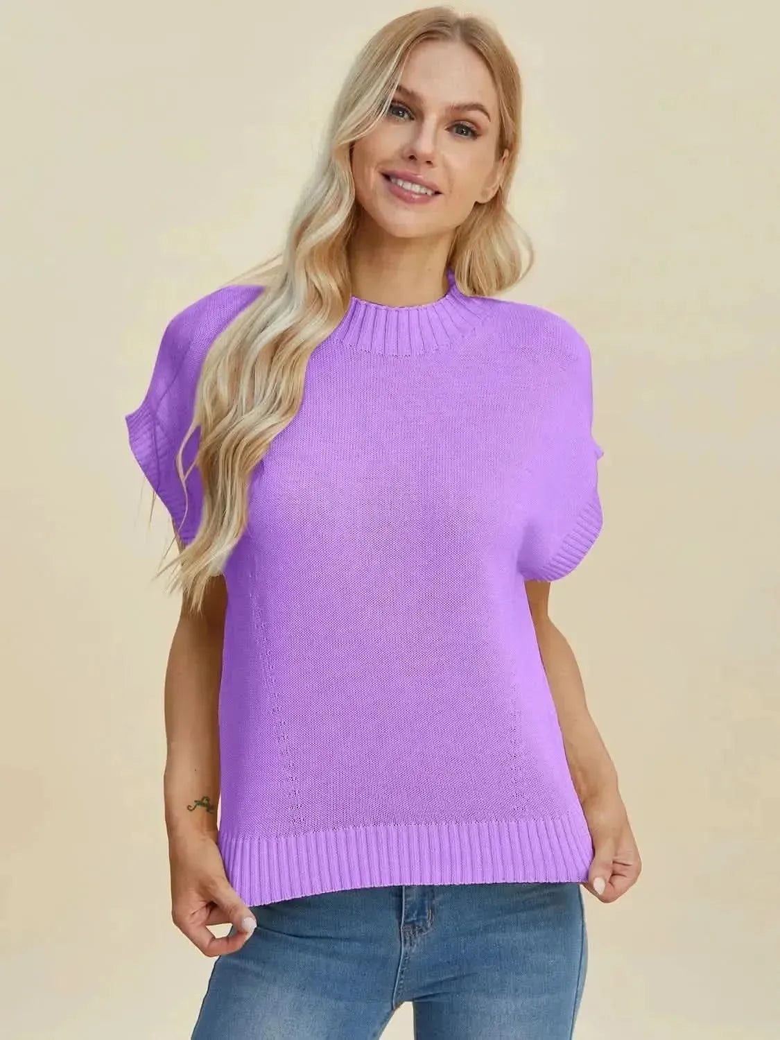 Double Take Full Size Mock Neck Short Sleeve Sweater - Bad Moms Club