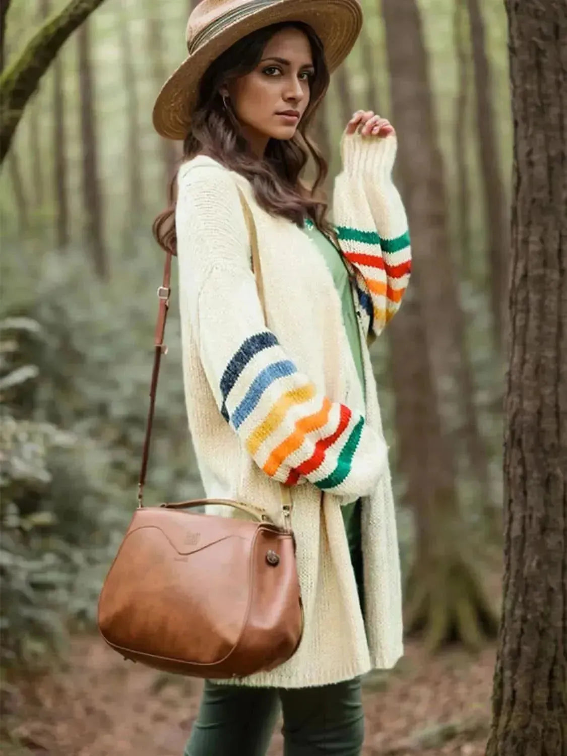 Striped Open Front Long Sleeve Cardigan - Bad Moms Club