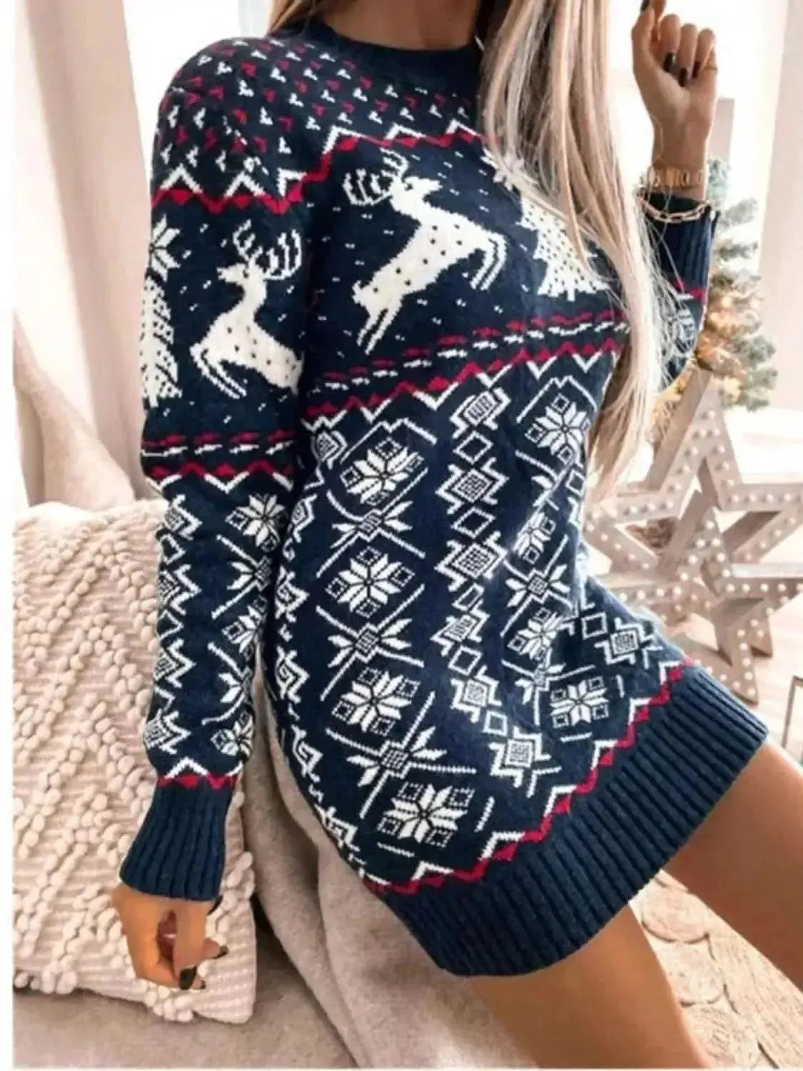 Reindeer & Snowflake Round Neck Sweater Dress - Bad Moms Club
