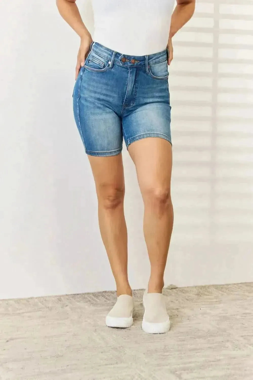Judy Blue Full Size Tummy Control Double Button Bermuda Denim Shorts - Bad Moms Club