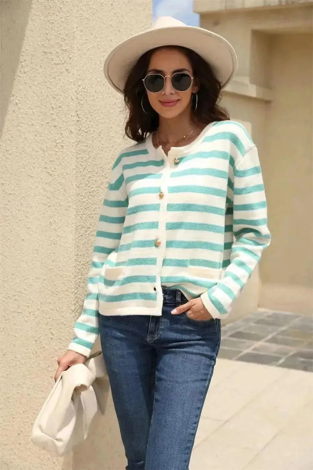 Striped Round Neck Button-Down Dropped Shoulder Cardigan - Bad Moms Club