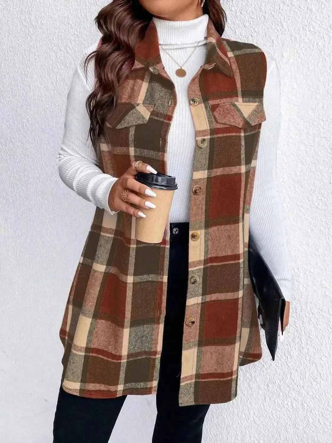 Honey Plus Size Pocketed Plaid Button Up Vest Coat - Bad Moms Club