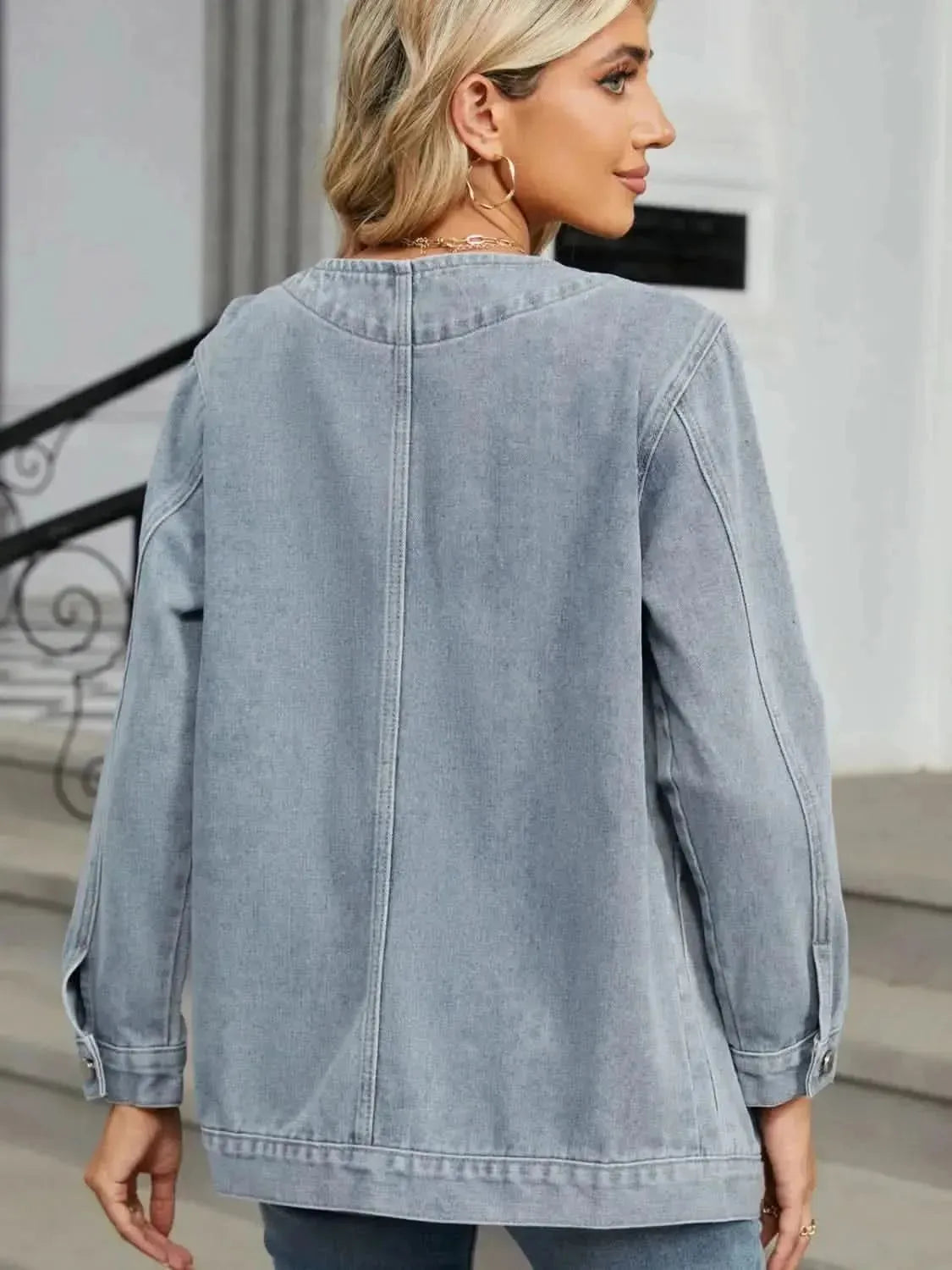 Pocketed V-Neck Button Up Denim Jacket - Bad Moms Club